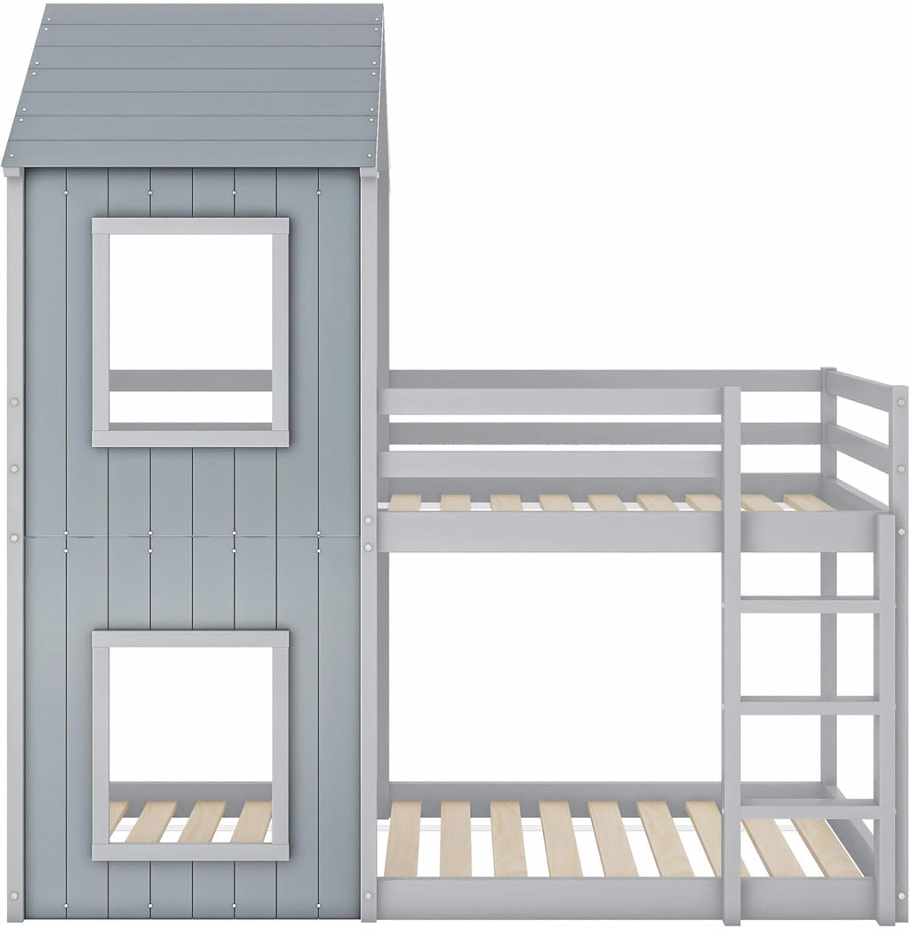 Cama infantil 90x200 cm, litera para 2 niños, cama alta con protección anticaídas, litera en forma de casa del árbol para niños y niñas, cama individual de madera maciza, cama de juegos, sin colchón, gris