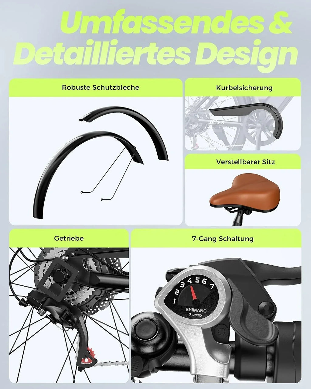 Bicicleta eléctrica urbana UcityS de 26 pulgadas, 250 W, 7 velocidades, autonomía PAS de 55 millas