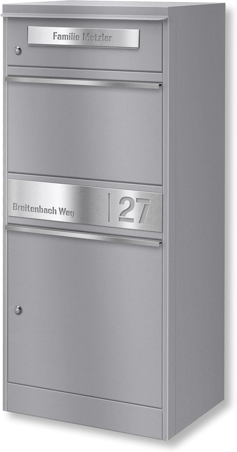 Buzón y casillero para paquetes Metzler, acero inoxidable y sólido, casillero para paquetes exterior grande XXL, buzón de pie moderno, caja para paquetes, buzón de correos en RAL 9007 aluminio gris con grabado de nombre, modelo Bispo 2