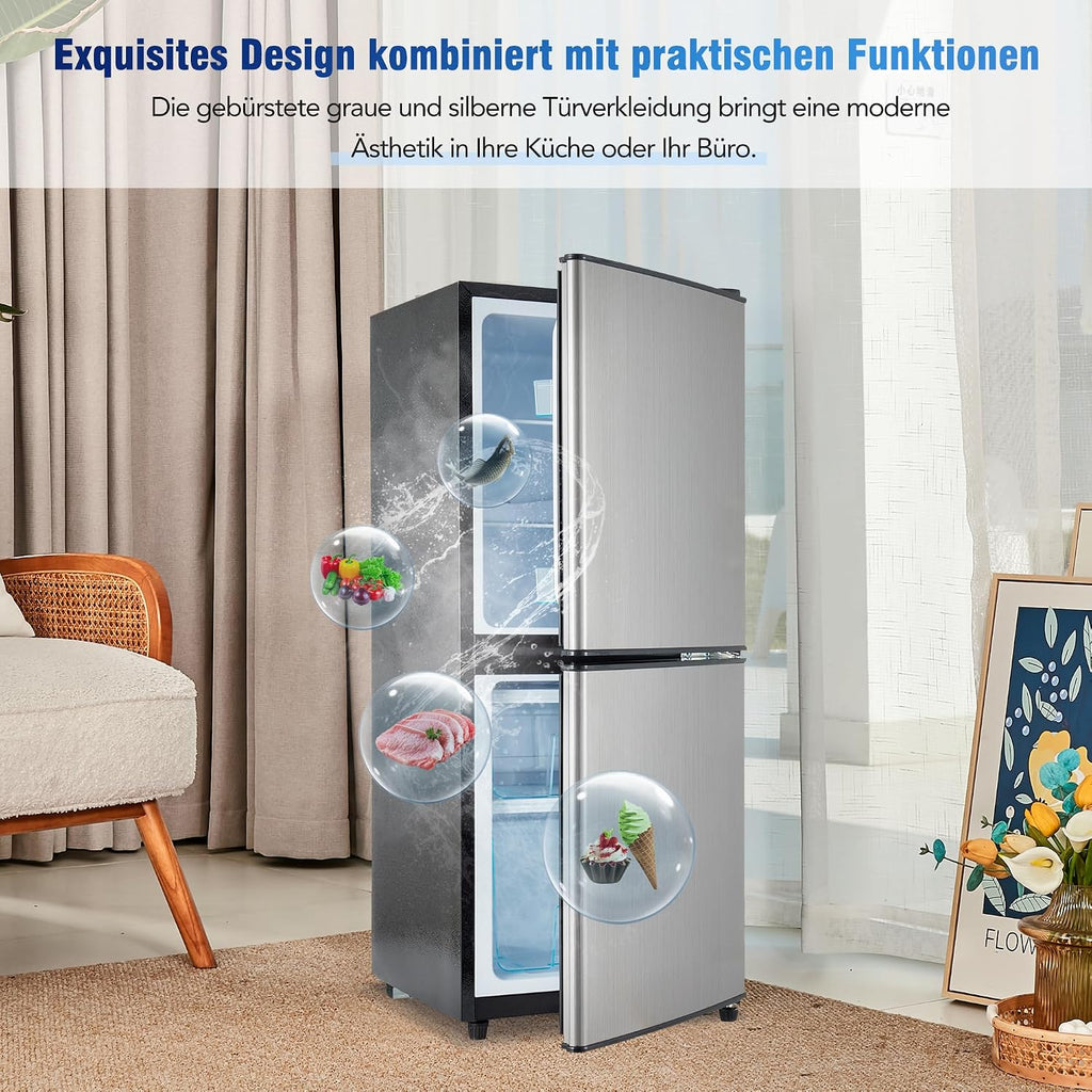 Frigorífico con congelador Merax de 106 l, combinación de frigorífico y congelador con nevera de 60 l, congelador de 46 l, 7 ajustes de temperatura, iluminación LED, estantes ajustables, funcionamiento silencioso de 45 dB, gris plateado
