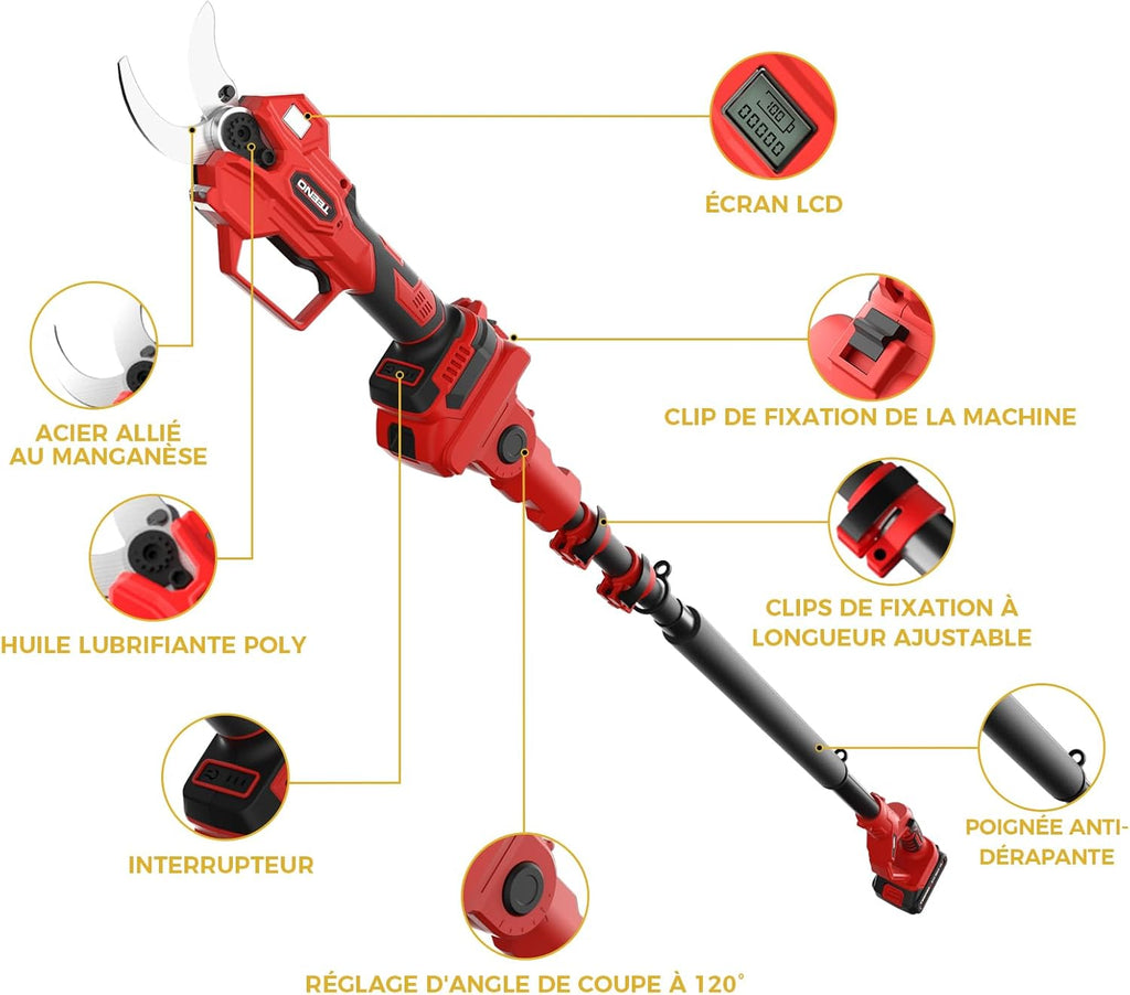 TEENO Tijeras de podar eléctricas 2 en 1 con pértiga telescópica, tijeras de podar inalámbricas de 40 mm con pantalla de 4000 mAh, 2 baterías de 2,0 Ah, para jardinería y árboles frutales
