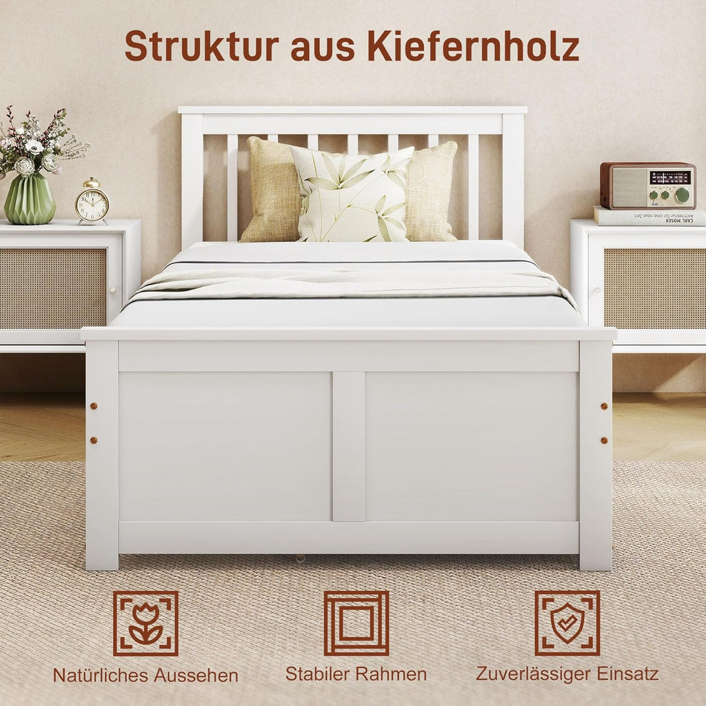 HOMCOM Cama de 90 x 200 cm, estructura de cama con somier de láminas de madera, cajón, almacenaje bajo la cama, cama individual, cama de madera con cabecero, estructura de cama para dormitorio, habitación de invitados, blanco