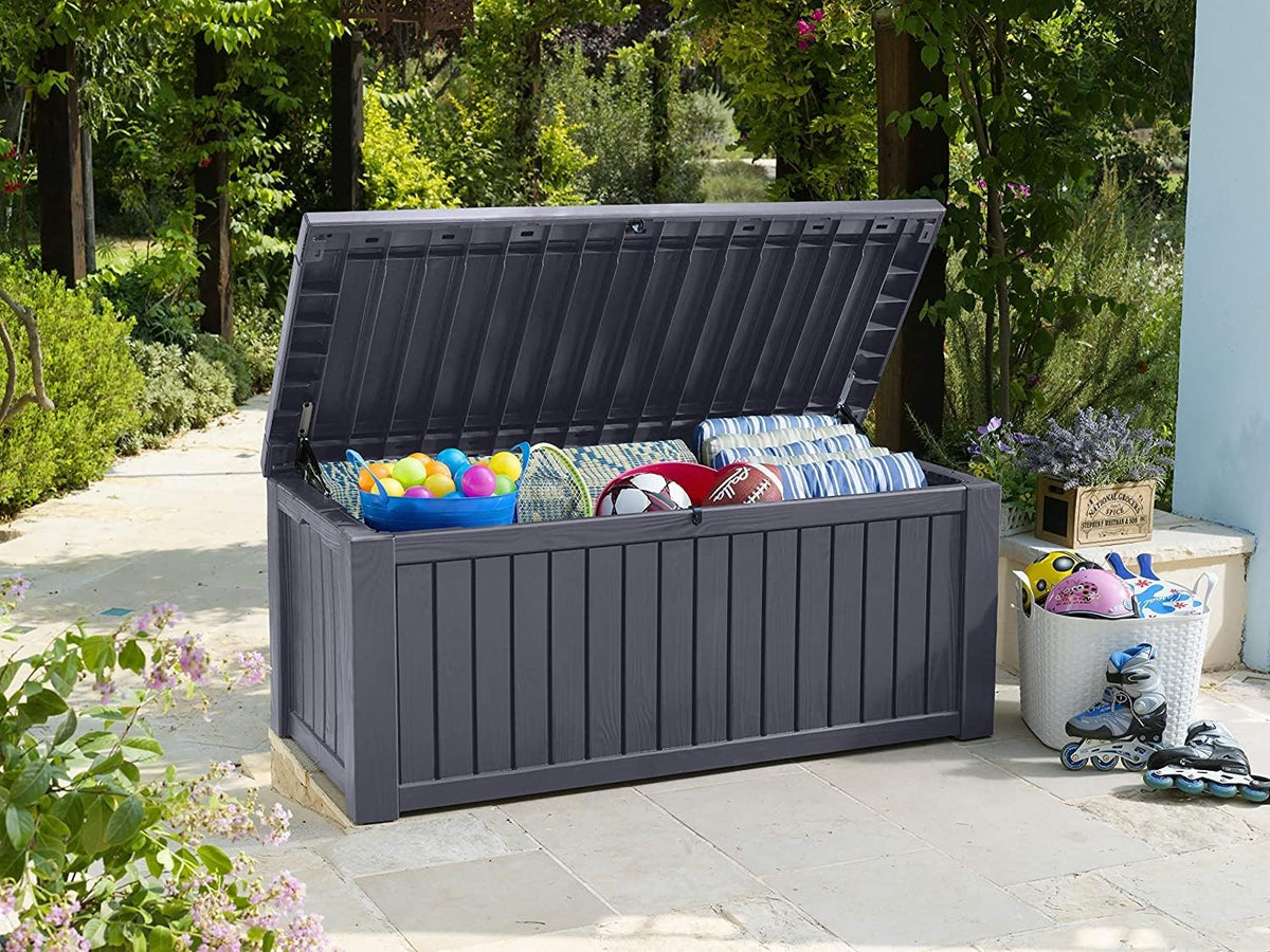 Caja de almacenamiento para jardín de 570 litros, arcón para cojines con ventilación, aspecto de madera, resistente a la intemperie y con pistón de gas