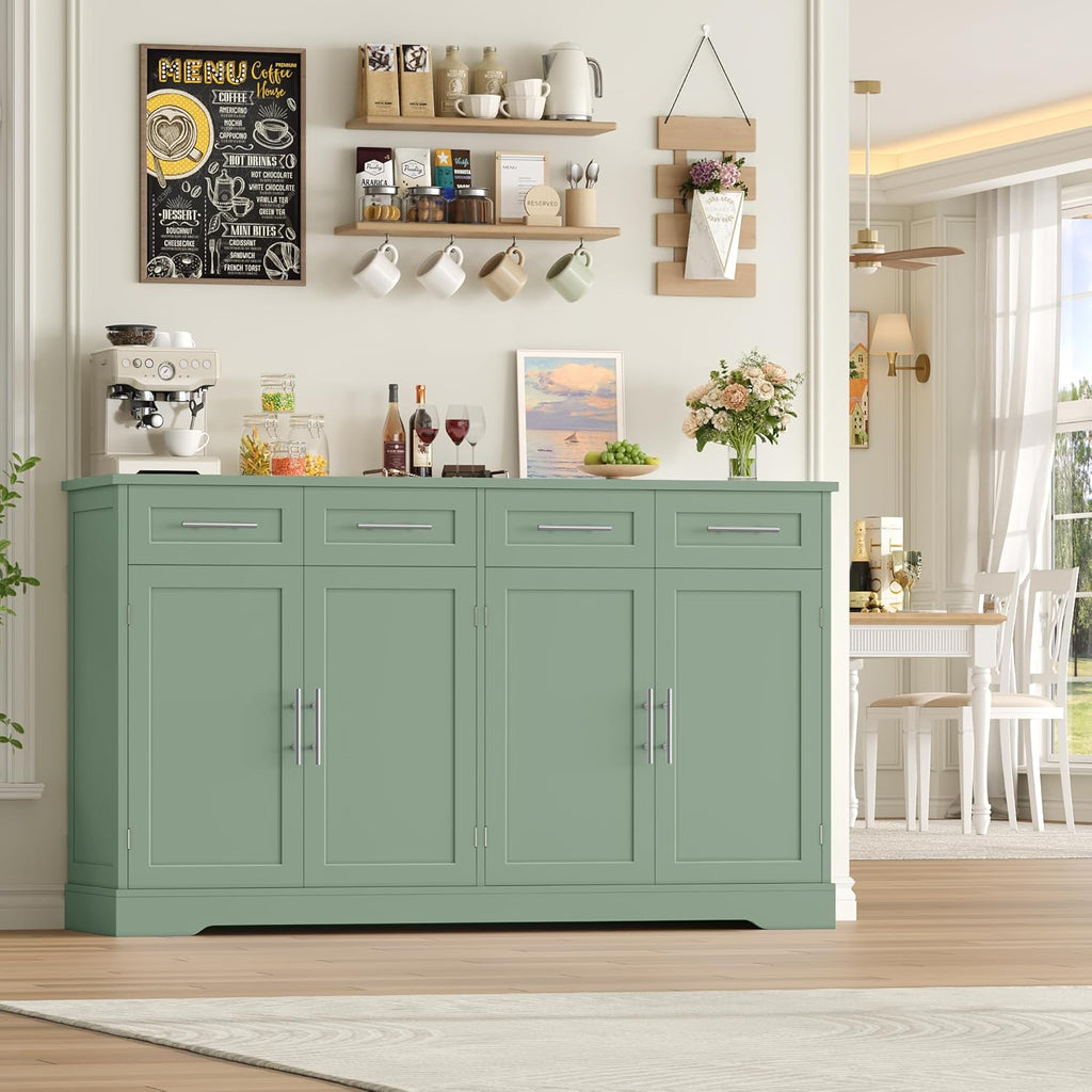 Aparador HOCSOK, armario de cocina de 150 cm de ancho con encimera, cómoda de cocina con 4 puertas y 4 cajones, aparador de cocina, mueble buffet con tiradores para salón, cocina y comedor