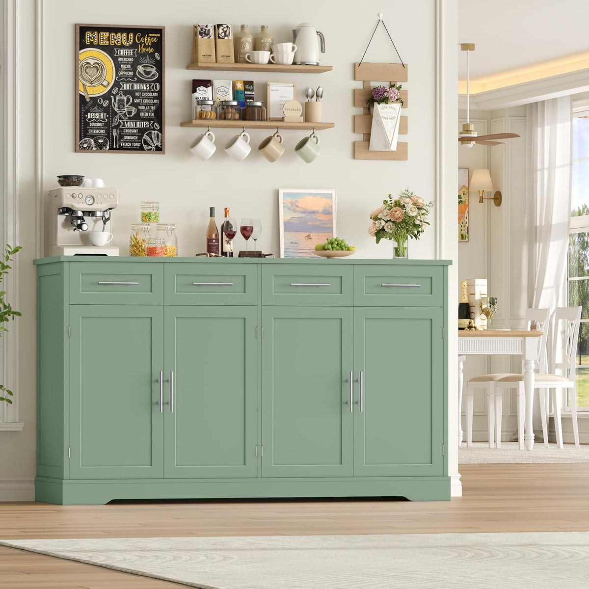 Aparador HOCSOK, armario de cocina de 150 cm de ancho con encimera, cómoda de cocina con 4 puertas y 4 cajones, aparador de cocina, mueble buffet con tiradores para salón, cocina y comedor