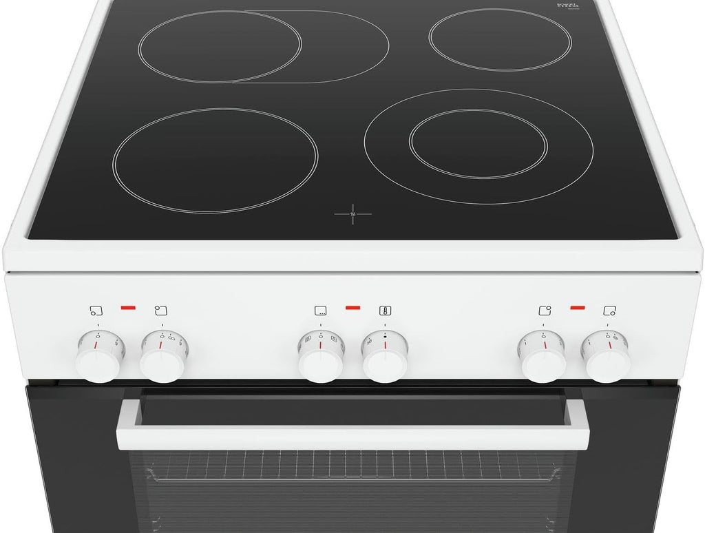 Cocina eléctrica de libre instalación Bosch Serie 4 HKR39C250, 60 cm de ancho, asistente de limpieza EcoClean Direct, aire caliente 3D para hornear en 3 niveles, control por pantalla LED, zona de cocción ampliable para recipientes grandes