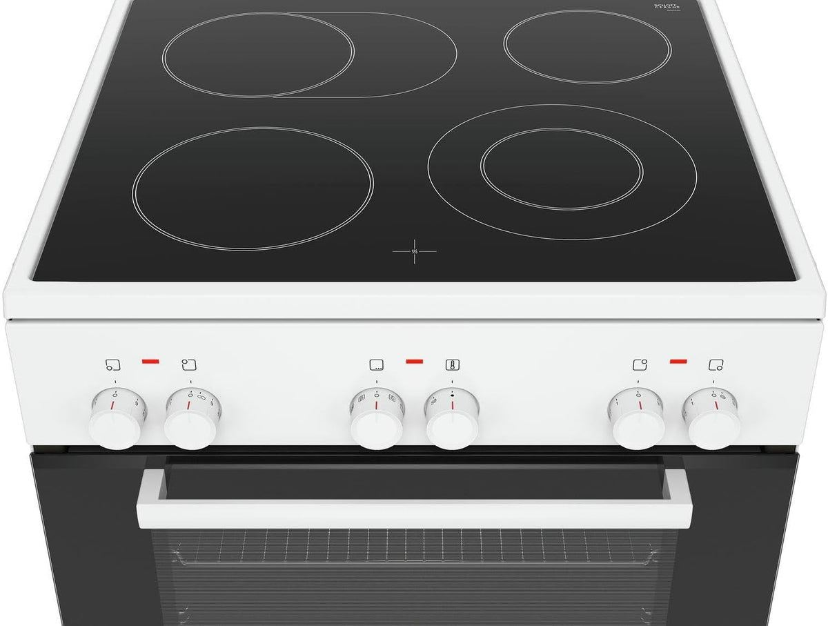 Cocina eléctrica de libre instalación Bosch Serie 4 HKR39C250, 60 cm de ancho, asistente de limpieza EcoClean Direct, aire caliente 3D para hornear en 3 niveles, control por pantalla LED, zona de cocción ampliable para recipientes grandes