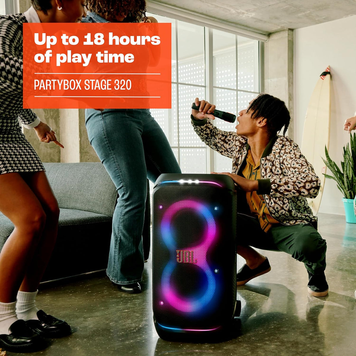 JBL Partybox Stage 120 en negro: altavoz Bluetooth portátil con sonido JBL Pro, espectáculo de luces, refuerzo de sonido con IA y asa telescópica: 12 h de autonomía