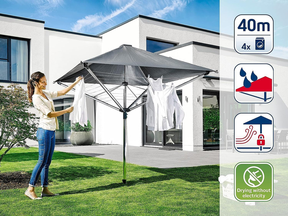 Tendedero tipo paraguas LinoProtect 400 con cubierta impermeable, tendedero de aluminio para exteriores, 40 m de cuerda, incluye base para suelo