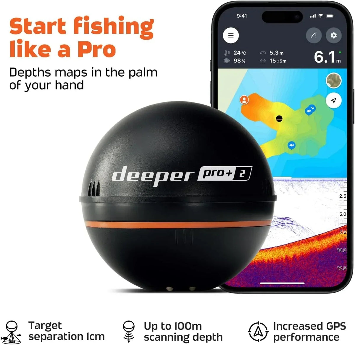Sonda de pesca Deeper Pro+ 2 con GPS, profundímetro y sonar para kayak, barco y pesca en hielo, conexión por app hasta 100 m