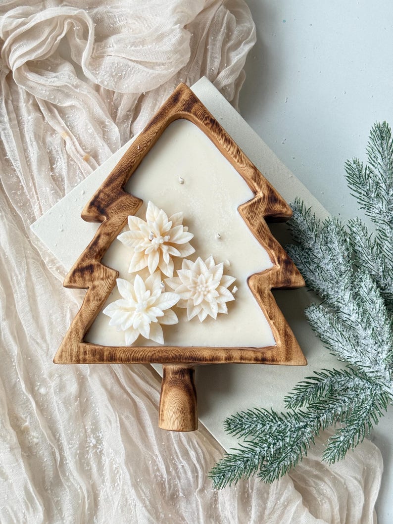 Cuenco de madera en forma de árbol de Navidad con copos de nieve o flor de Pascua, vela de soja, 100% cera de soja natural, mechas de madera, 26 cm x 19 cm
