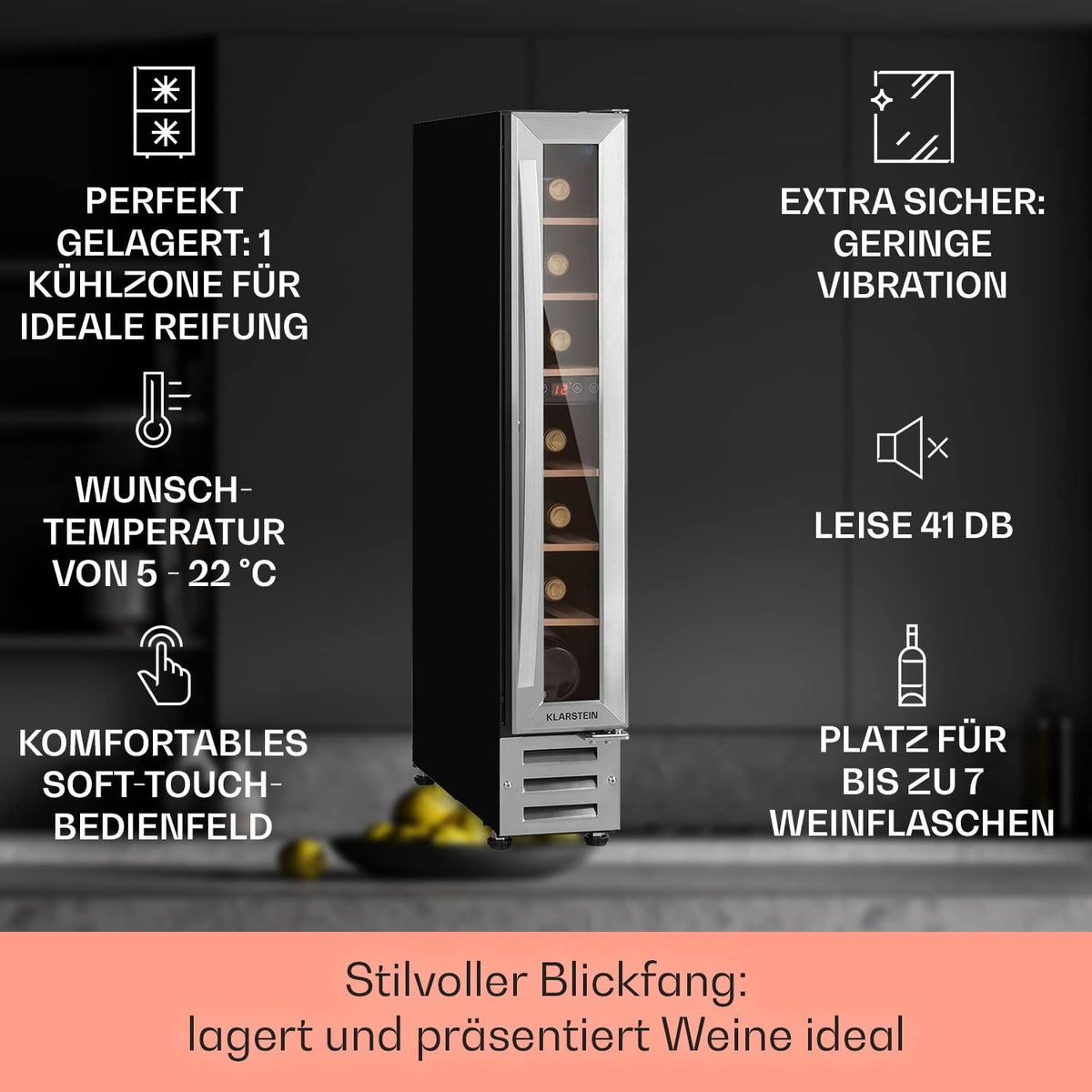 Vinoteca Klarstein, nevera para bebidas de 1 zona, pequeña vinoteca empotrable estrecha, enfriador de vino de 20 l con puerta de cristal, nevera para botellas interior/exterior, frigorífico para vinos 5-22 °C, 7 botellas