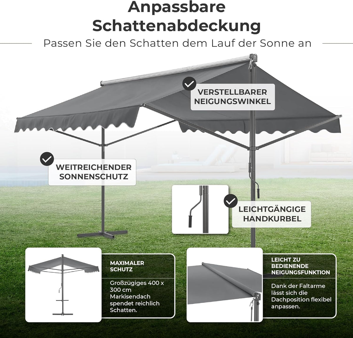 pro.tec Toldo independiente Selenizza toldo autoportante 400x300x260cm toldo de jardín protección solar cubierta de terraza exterior terraza jardín balcón gris oscuro