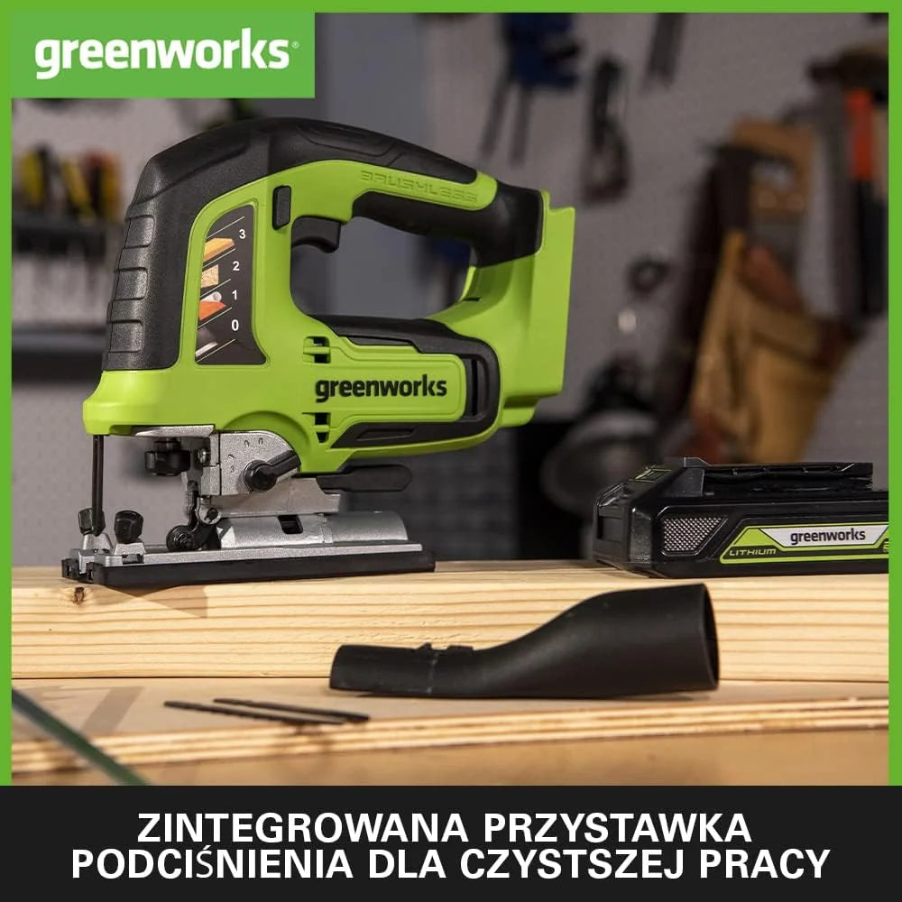Greenworks GD24JSK2 Wyrzynarka Akumulatorowa z 2 Ostrzami, 3000 obr./min, Regulowana Podstawa do 45°, Przystawka Próżniowa PLUS 24V 2 Ah Bateria i Ładowarka