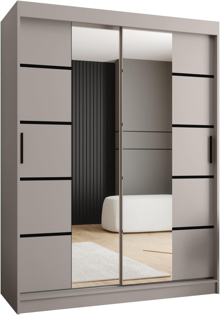 Kryspol - Armario de puertas correderas - Armario con espejo - Armario de 150 cm de ancho x 200 cm (alto) x 62 cm (fondo), 2 puertas, tablero de muebles laminado, armario de puertas correderas Rubino V4 150, color cachemira