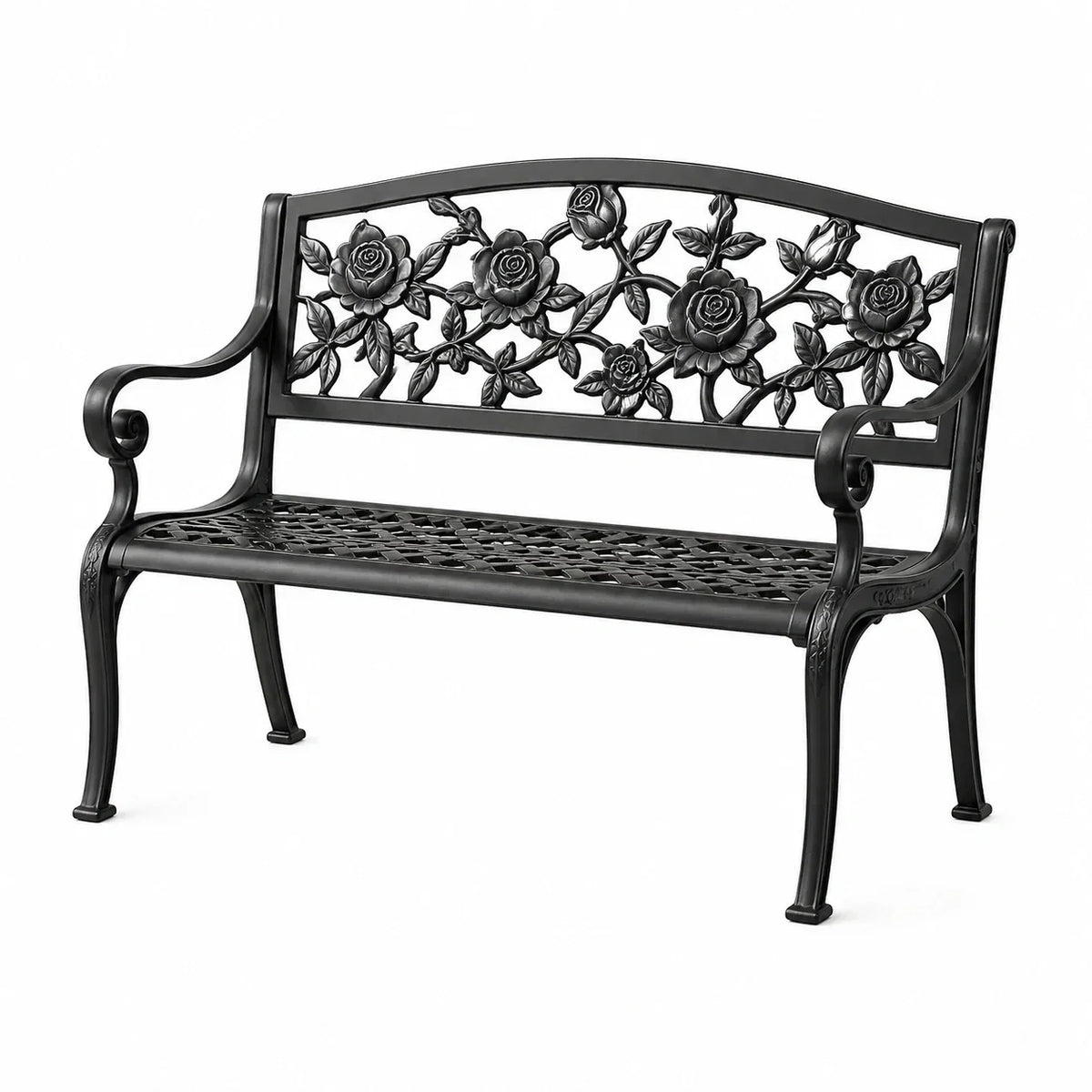 Banco de jardín negro de aluminio y hierro fundido con patrón floral