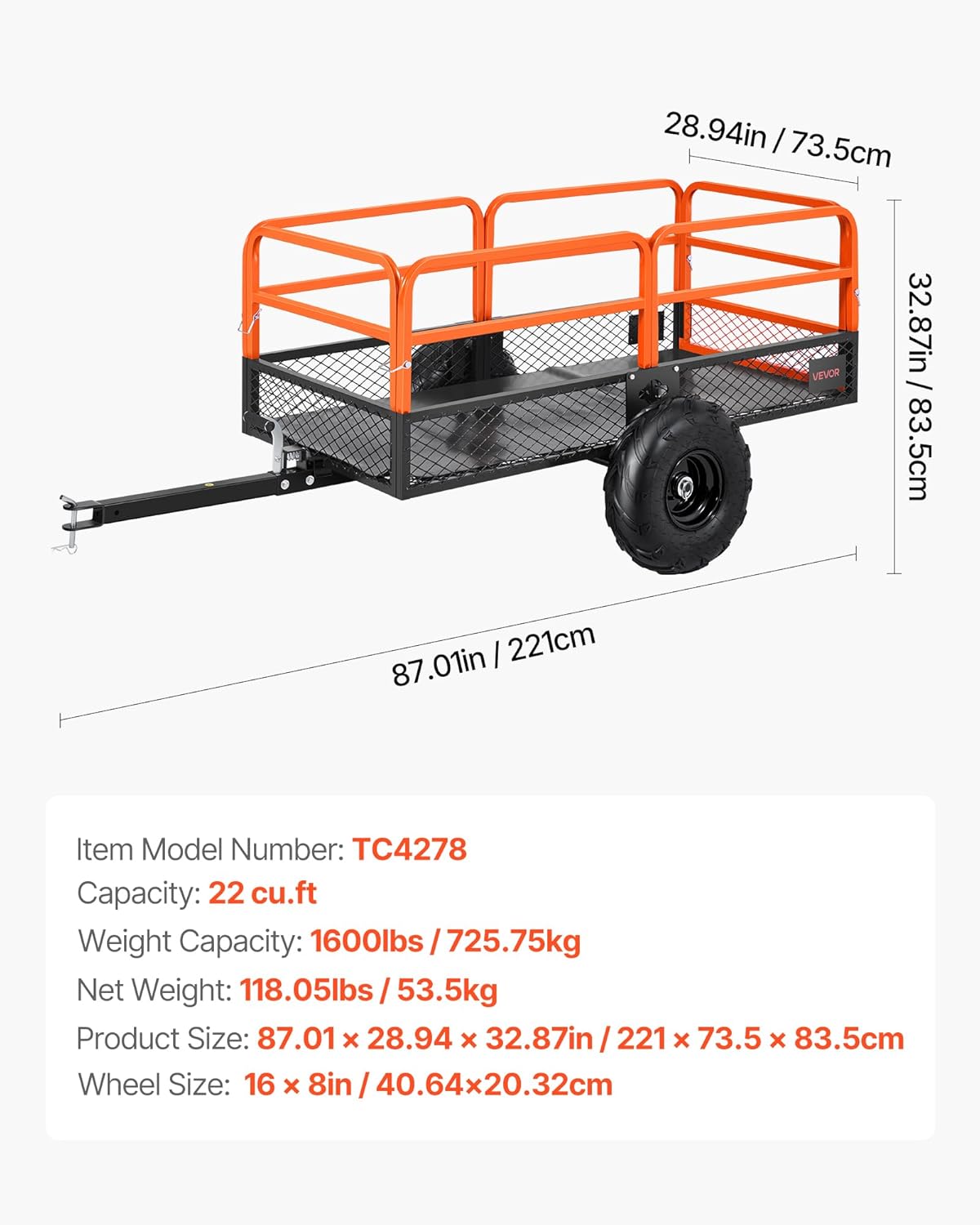 VEVOR Remolque Basculante, 623 L, Remolque de Jardín para Tractor Cortacésped de Acero, Capacidad de Carga 725,75 kg, con Neumáticos de 40,64 cm, Carrito de Transporte para ATV, UTV