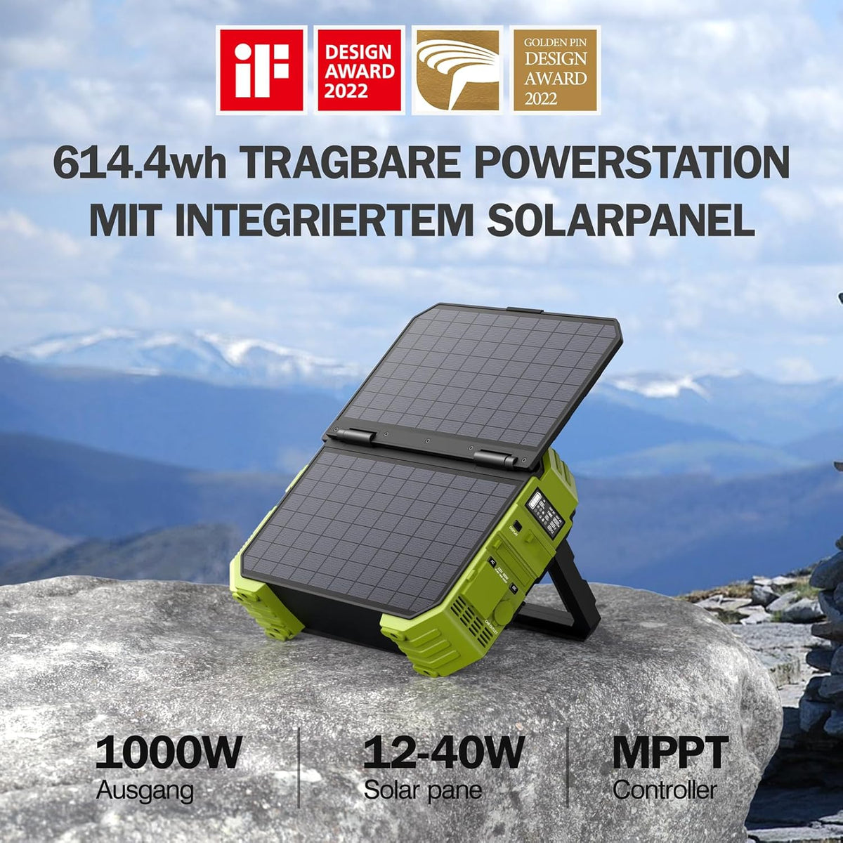 Estación de energía portátil BROWEY con panel solar, panel de carga solar propio de 12-40W, 614Wh, 1000W de potencia nominal, generador solar de 2000W de potencia máxima para camping al aire libre, caravaning y preparación para emergencias.