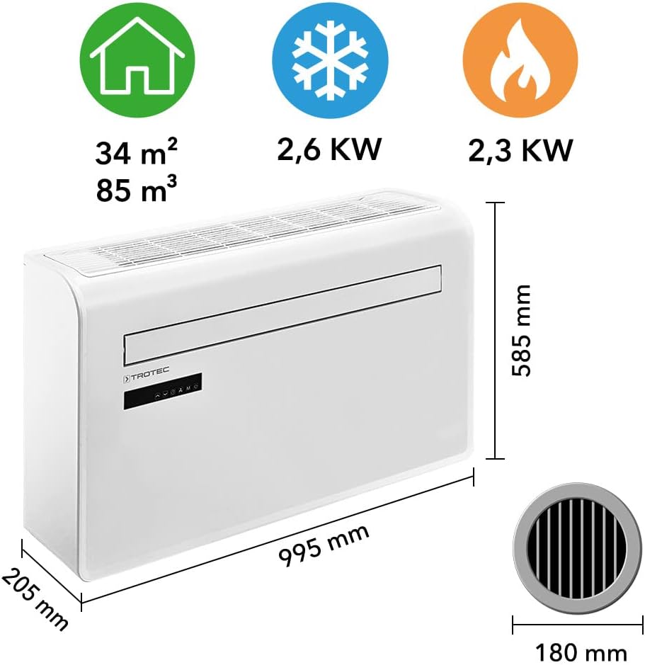 TROTEC Aire acondicionado de pared PAC-W 2650 SH | Climatización 4 en 1: refrigerador, calefactor, ventilador, deshumidificador | con integración WLAN y control mediante smartphone