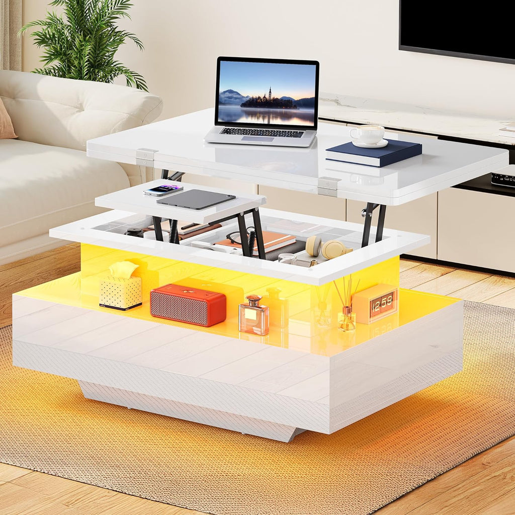 Mesa de centro elevable YITAHOME, mesa de salón de alto brillo con 2 cajones y LED, mesa de centro con compartimento oculto, mesa de café convertible en mesa de comedor