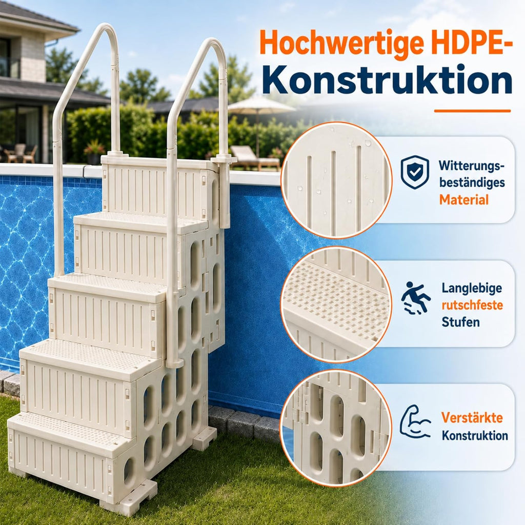 Escalera de piscina de 4 peldaños, escalera de piscina de HDPE blanca con pasamanos doble y antideslizante, capacidad de carga máxima de 180 kg para piscinas desmontables de 122–137 cm, piscina de jardín, piscinas enterradas, familias y personas mayores