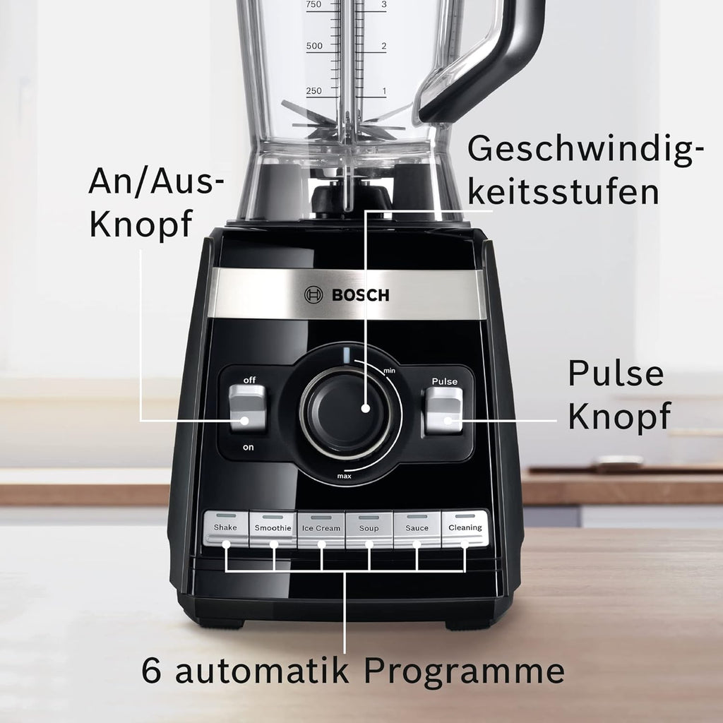 Batidora de vaso Bosch VitaBoost MMBH6P6BDE, cuchilla de acero inoxidable de 6 hojas, jarra de Tritán de 2,5 l, empujador, 6 programas automáticos, libro de recetas, sin BPA, fácil limpieza, 45.000 rpm, 1600 W, negro