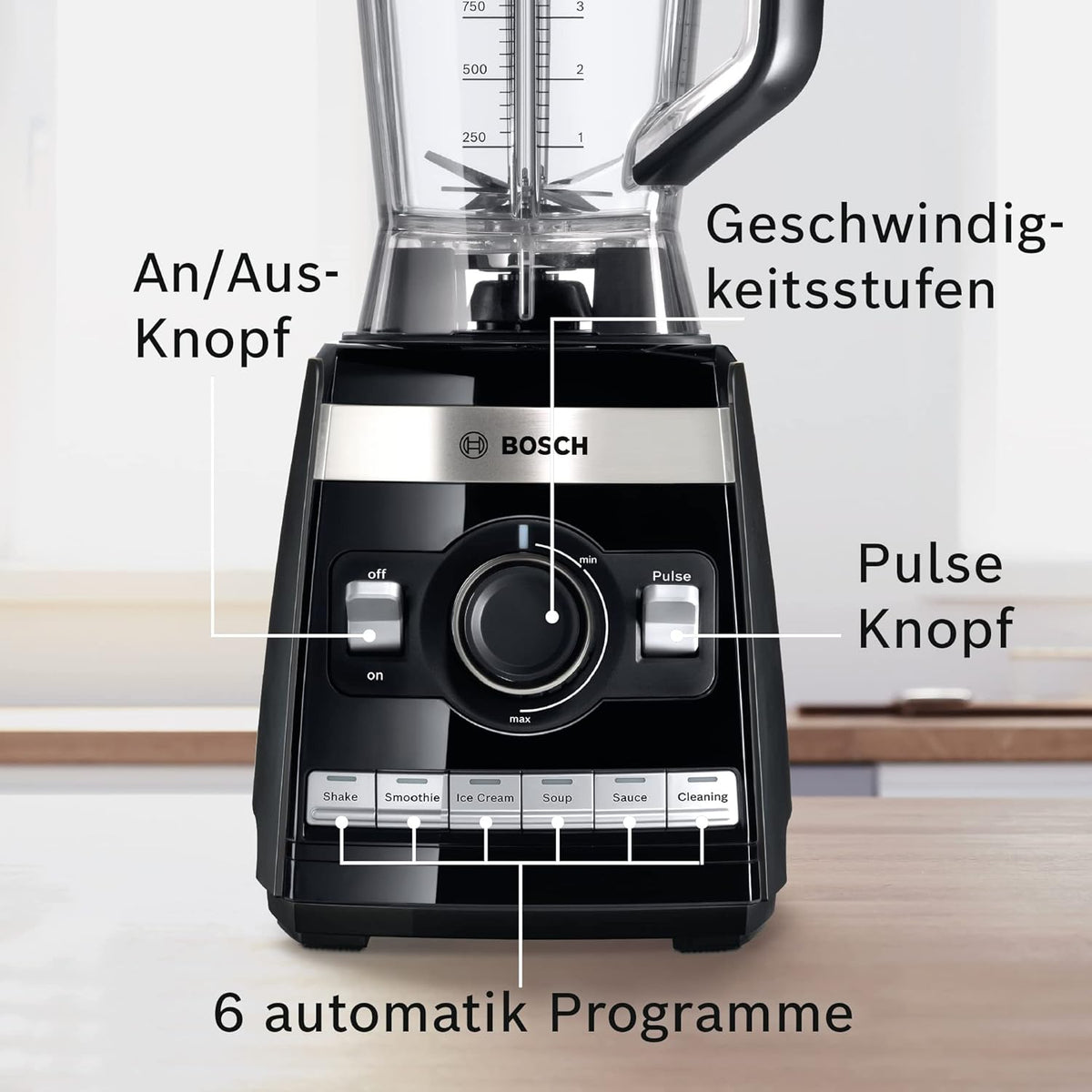 Batidora de vaso Bosch VitaBoost MMBH6P6BDE, cuchilla de acero inoxidable de 6 hojas, jarra de Tritán de 2,5 l, empujador, 6 programas automáticos, libro de recetas, sin BPA, fácil limpieza, 45.000 rpm, 1600 W, negro