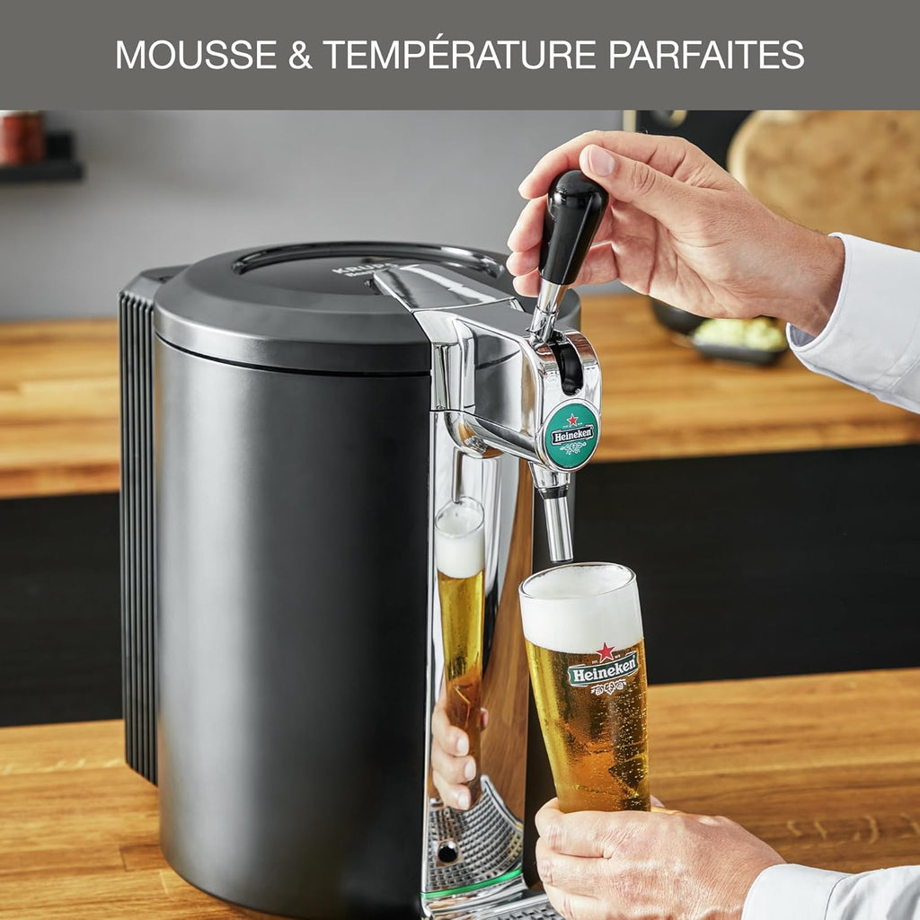 Krups Beertender Tirador de Cerveza, Barriles de 5 L, Marcas del grupo Heineken, Indicador luminoso, Temperatura y espuma perfectas, Cerveza fresca, Fácil instalación, Compacto negro VB450E10