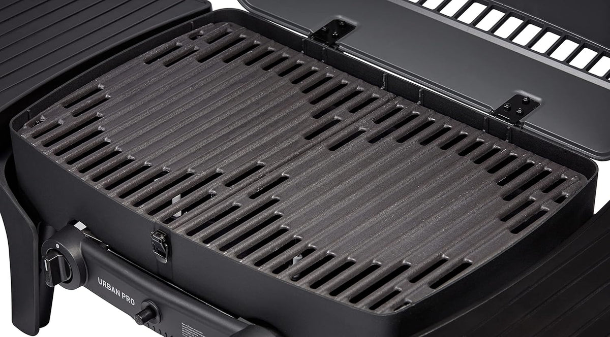EndersGasgrill Urban II Pro, parrilla de mesa, función de asado, cocción y horneado, 2 quemadores de acero inoxidable, con termómetro para parrilla, parrilla para balcón y camping, carcasa de aluminio fundido, rejilla de hierro fundido, #2062