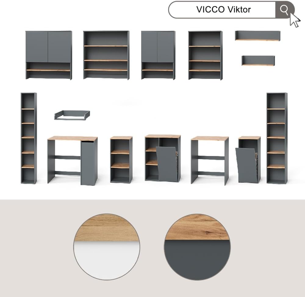 Armario para lavadora Vicco Viktor, antracita/roble dorado, 68 x 88,2 cm, 2 piezas con estante, adecuado para el almacenamiento de detergente y toallas