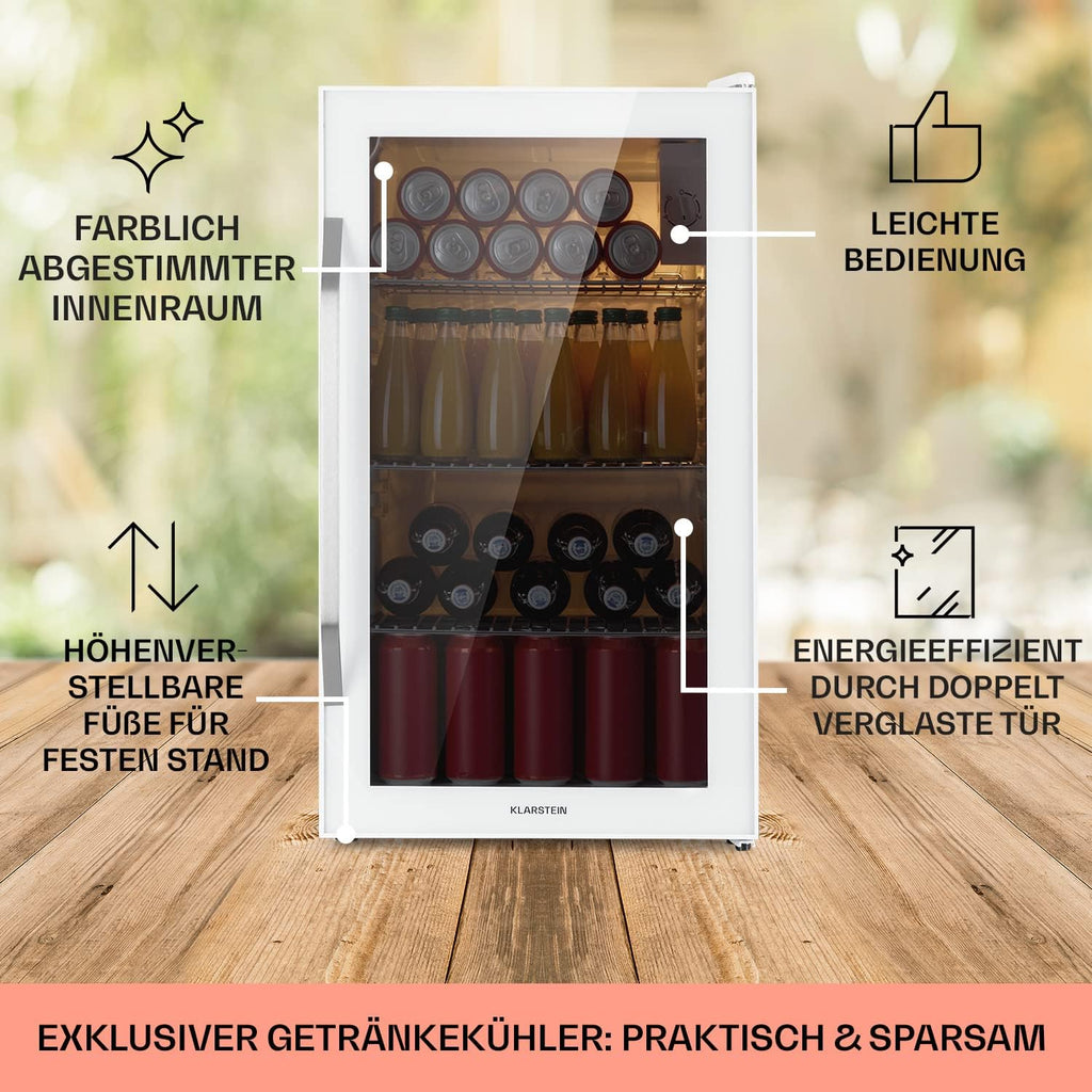 Mininevera Klarstein con puerta de cristal para habitaciones, refrigerador de bebidas con estantes ajustables, pequeño de 80 litros, frigorífico silencioso para interiores/exteriores
