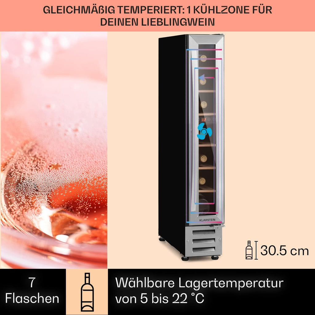 Vinoteca Klarstein, nevera para bebidas de 1 zona, pequeña vinoteca empotrable estrecha, enfriador de vino de 20 l con puerta de cristal, nevera para botellas interior/exterior, frigorífico para vinos 5-22 °C, 7 botellas