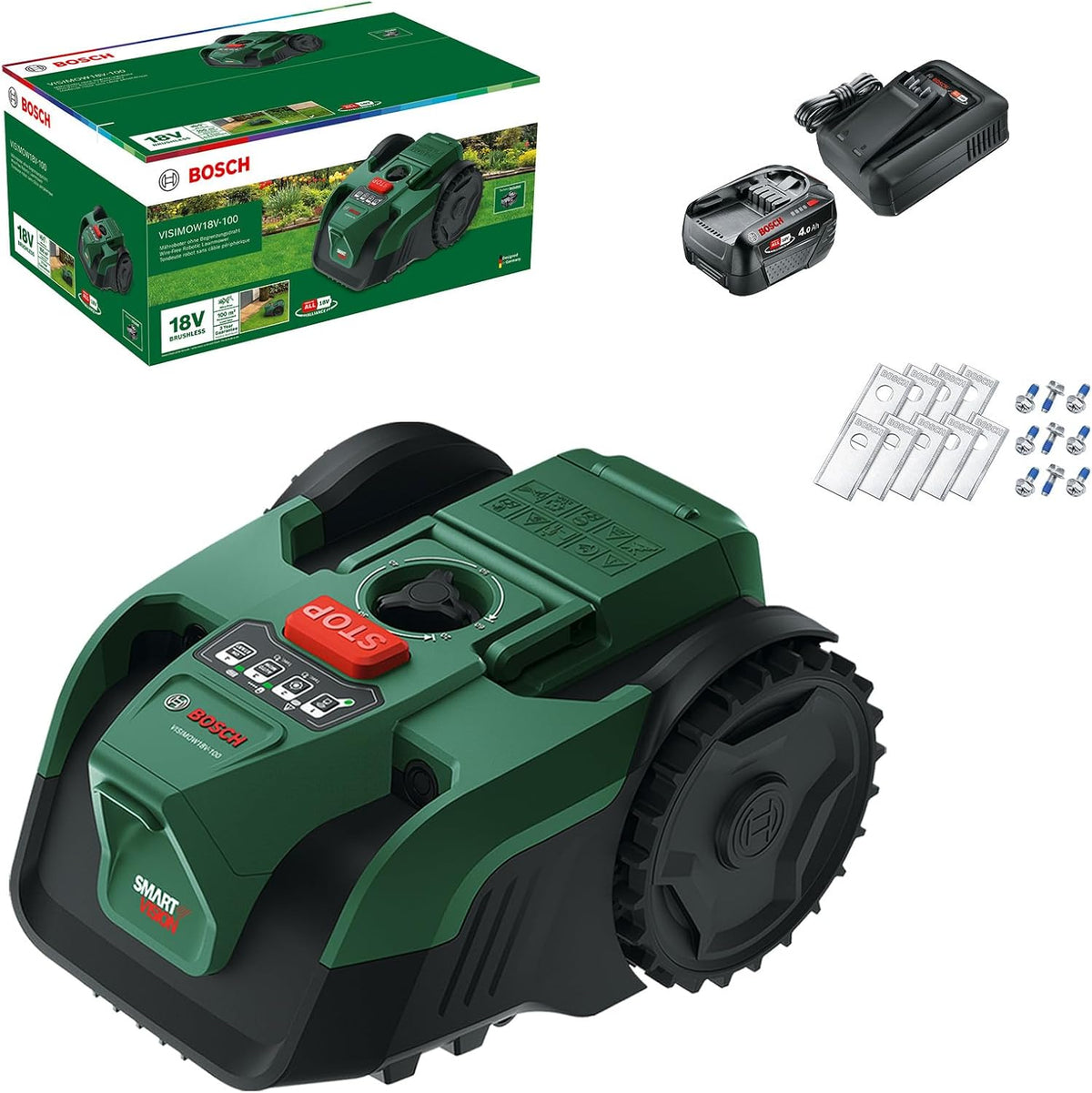Robot cortacésped a batería VISIMOW18V-100 (para superficies de césped de hasta 100 m², ancho de corte: 16 cm, altura de corte: 20-60 mm, con cuchillas de repuesto, incl. batería y cargador)
