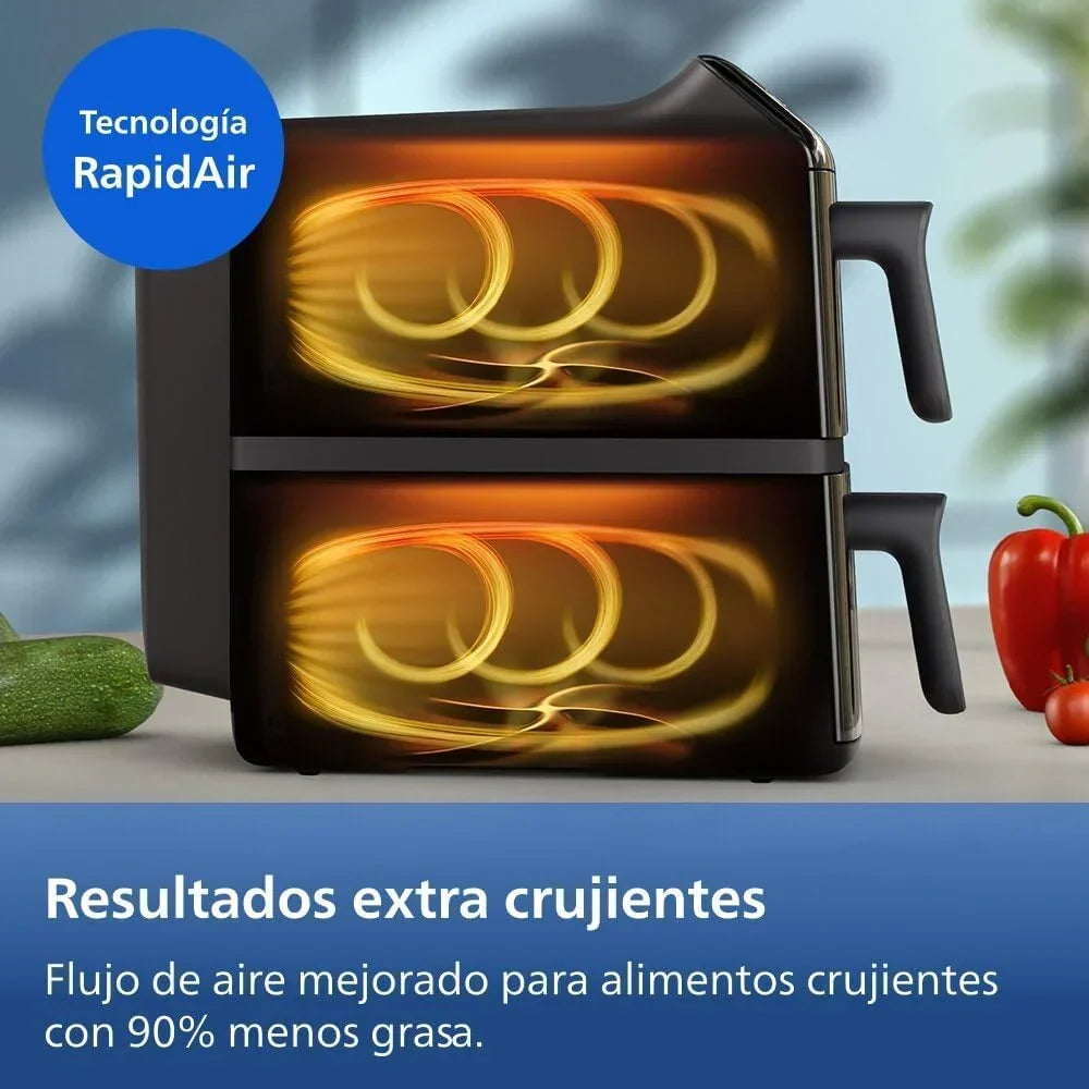 Philips Airfryer Serie 4000 de Doble Cesta Vertical 10L – Tecnología RapidAir, Sync, 2 cestas a la vez, 45% menos de espacio, revestimiento cerámico sin PFAS, ventanas de visualización (NA460/00)