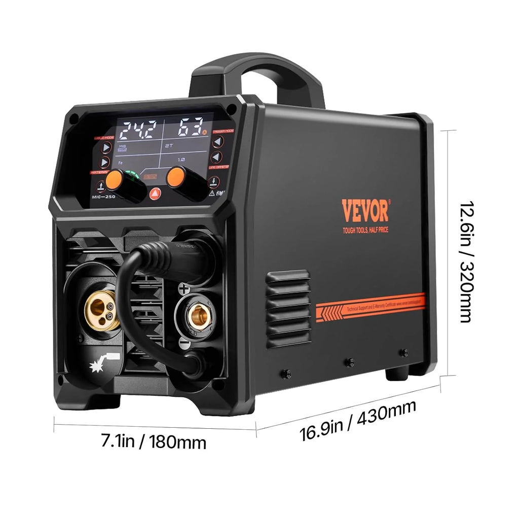 VEVOR Spawarka MIG, 250 A, spawarka synergiczna, przenośna spawarka gazowa MIG, bezgazowa, MMA, 5 w 1, z technologią Inverter IGBT, wyświetlacz LCD, latarka podnosząca TIG nie wchodzi w zakres dostawy