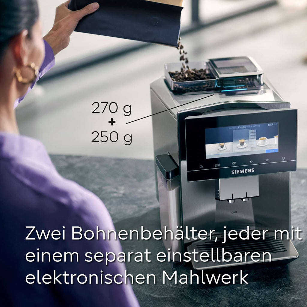 Cafetera superautomática Siemens EQ900 TQ903D03, control por app, pantalla táctil intuitiva, modo barista, AromaBoost, reducción de ruido, molinillo premium, limpieza automática con vapor, 1500 W, acero inoxidable