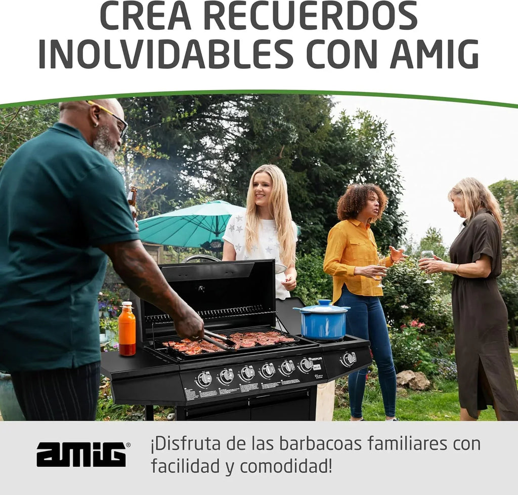 Barbacoa de gas Fireplus 6+1 de 12,9 kW - Acero inoxidable negro - Parrilla con ruedas Modelo GRILL-6F - Barbacoa XXL con carro y termómetro - 138x52x103 cm - 7 quemadores y bandeja lateral