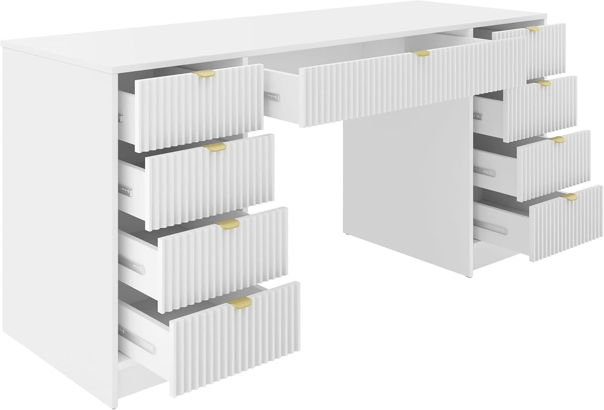 Escritorio Mirjan24 Tireno Bis, 9 cajones con frentes acanalados, escritorio para estudiantes, mesa de ordenador, escritorio infantil, mesa de trabajo, mesa para PC, habitación juvenil, habitación infantil (blanco velvet)