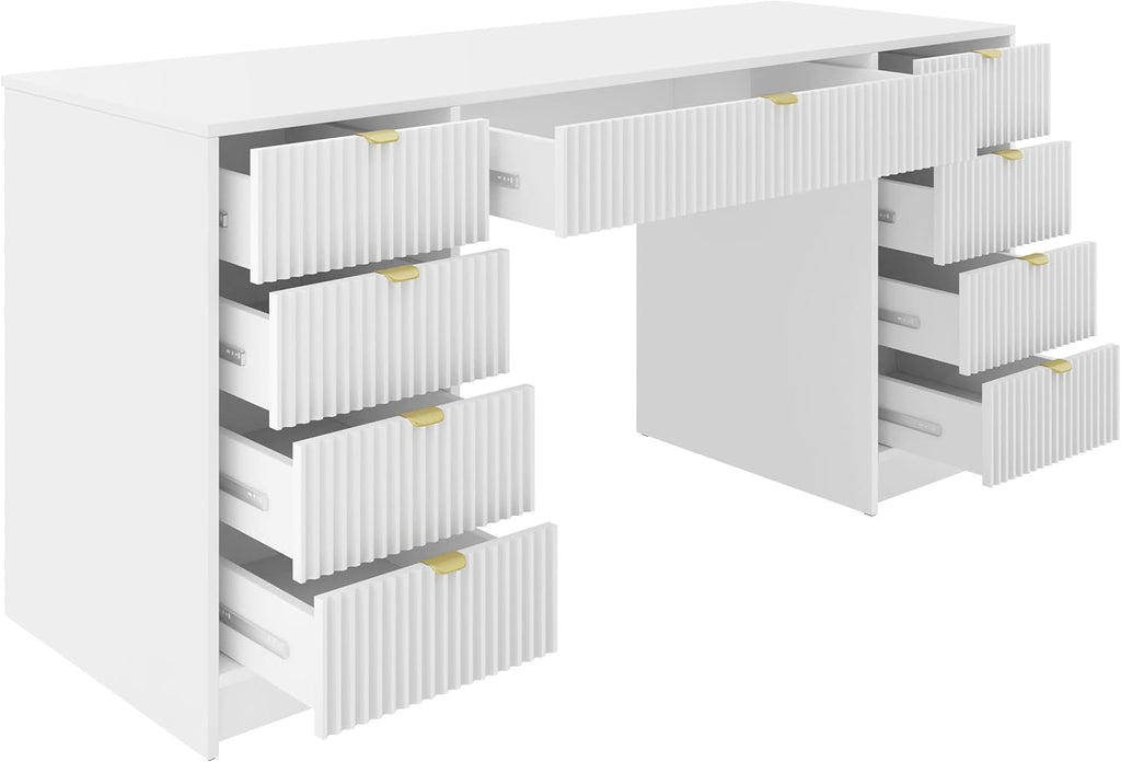 Escritorio Mirjan24 Tireno Bis, 9 cajones con frentes acanalados, escritorio para estudiantes, mesa de ordenador, escritorio infantil, mesa de trabajo, mesa para PC, habitación juvenil, habitación infantil (blanco velvet)