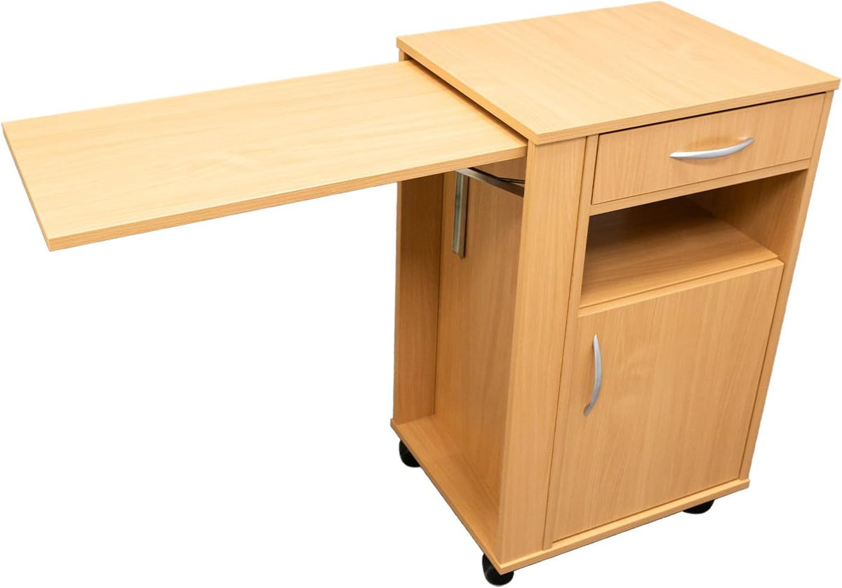 Mesita de noche con cajón y 4 ruedas: armario para cama de hospital, móvil, con frenos, ideal para cuidados, rehabilitación, hospitales y hogar, haya
