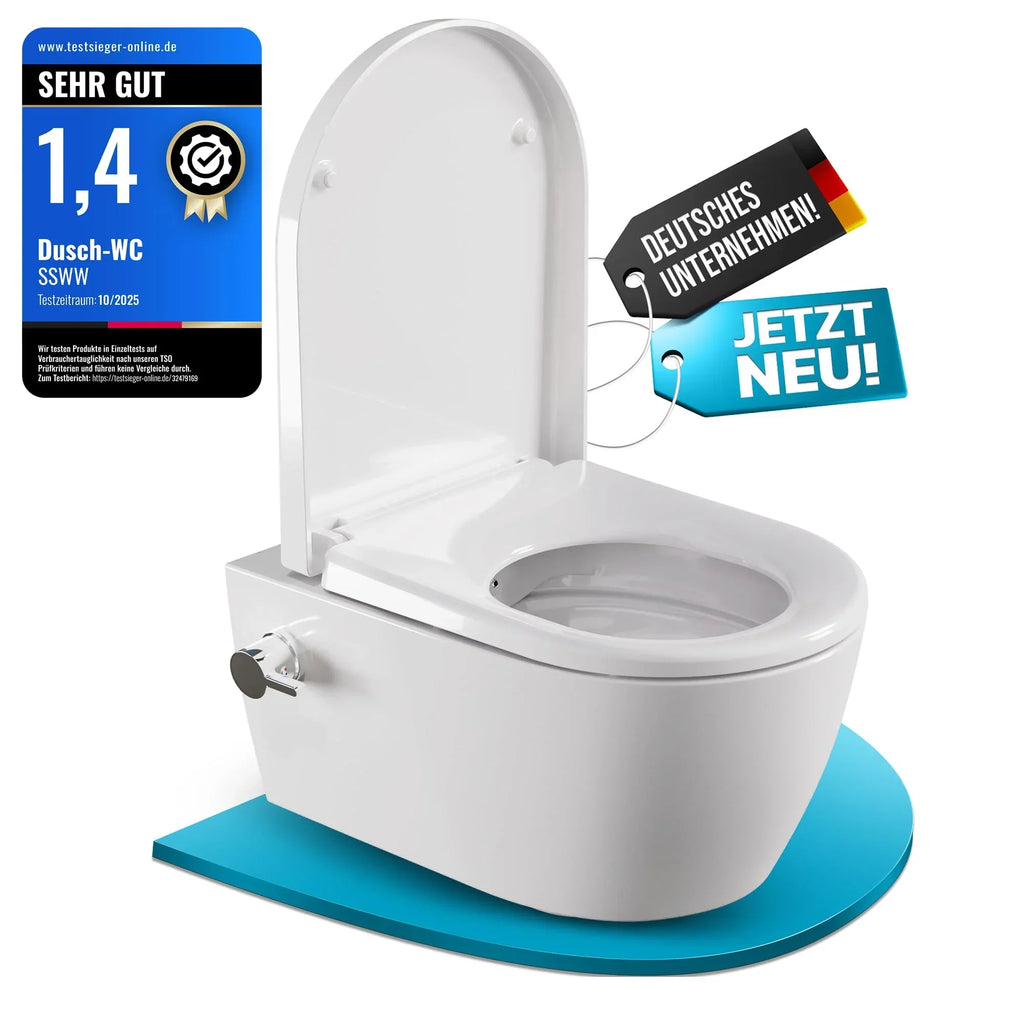 Inodoro con bidet suspendido SSWW sin reborde, 52 cm, boquilla de acero inoxidable, asiento de duroplast con cierre suave, revestimiento nano, agua fría y caliente