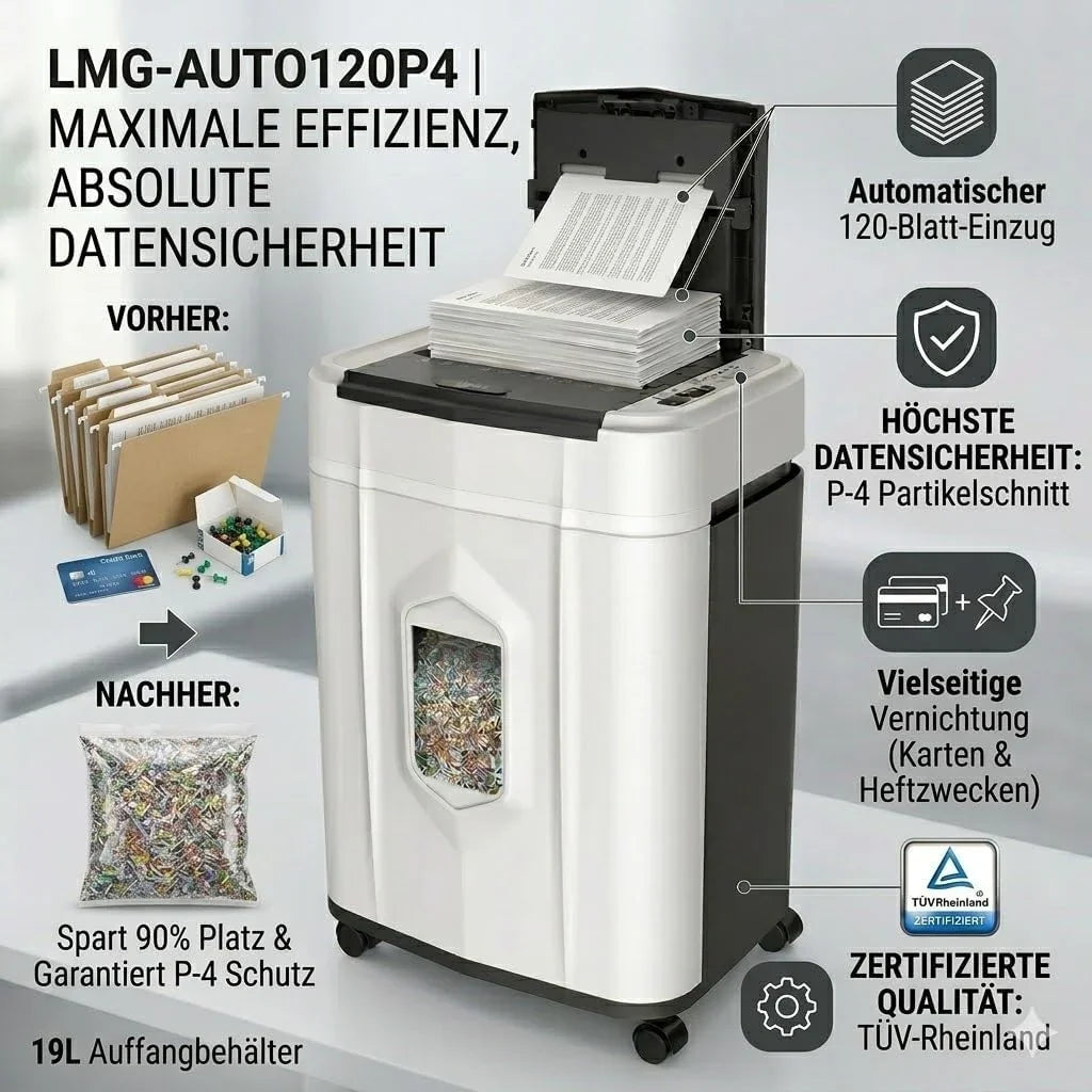 Destructora de documentos con alimentación automática de 120 hojas, corte en partículas P4, funcionamiento continuo de 60 minutos, depósito de 25 L y sistema anti-atasco