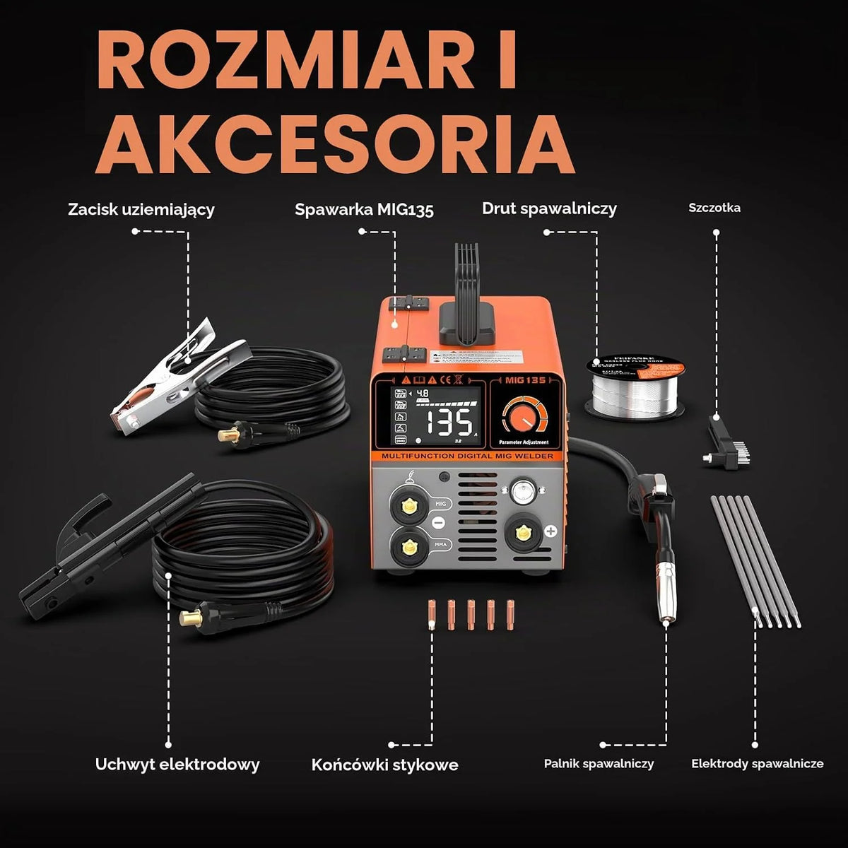 FEIFANKE MIG135 Spawarka bezgazowa 135A 220V Elektrody Synergia Spawarka 3 w 1 MIG/ARC/Lift TIG IGBT inwerter spawalnicza z drutem 1,0 mm, pistolet spawalniczy MIG