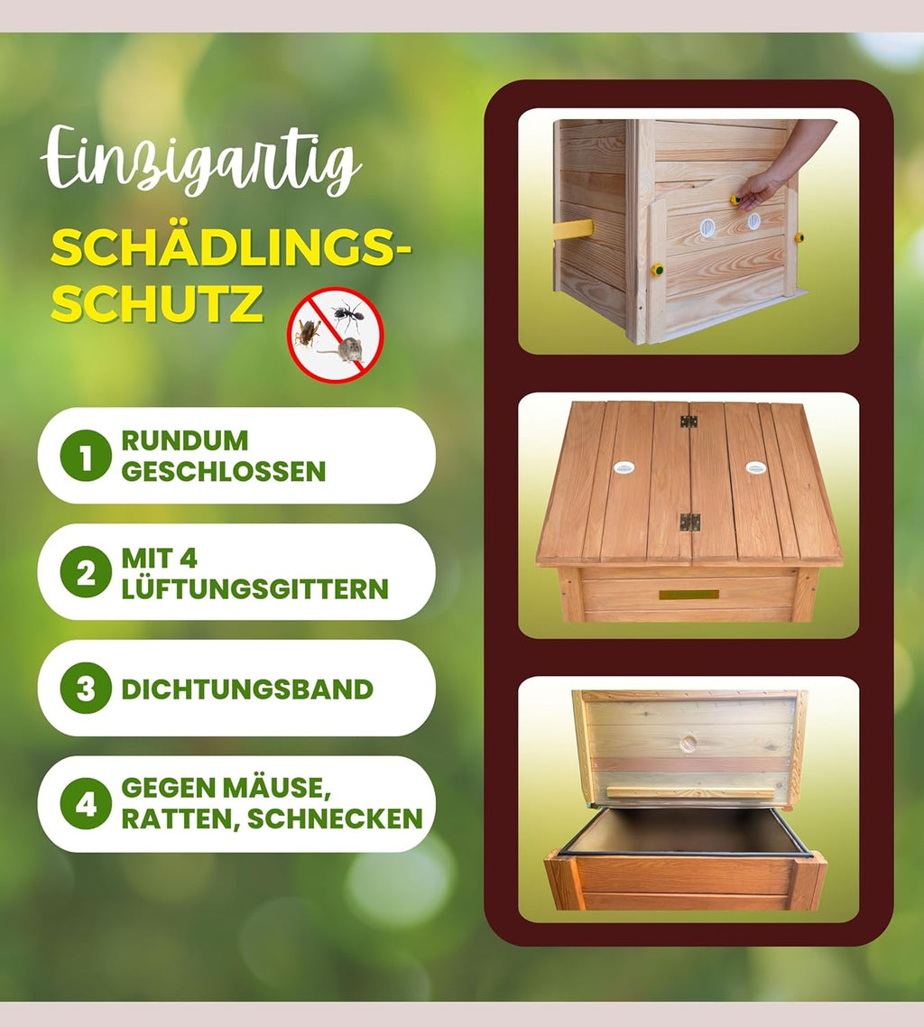 Compostador de madera a prueba de ratas con tapa, protección contra plagas, rejilla de ventilación y base, técnica deslizante para compostaje sin malos olores, sin necesidad de volteo, 340 L
