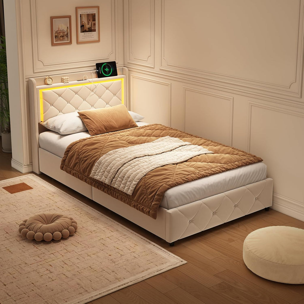 Cama tapizada de 90x200 cm con iluminación LED, USB y canapé hidráulico – Cama individual juvenil con almacenamiento, somier y cabecero, terciopelo beige, sin colchón (Beige-3, 90x200 cm)