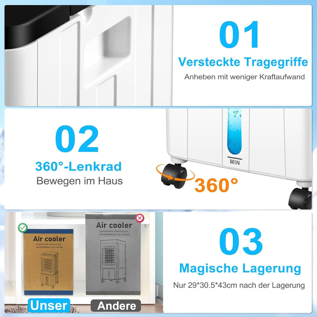 Aire acondicionado sin tubo de escape, 14L 60W, unidad móvil con temporizador de 12H, 3 modos, 40dB, oscilación de 120°, depósito de agua extraíble, control remoto, aire acondicionado portátil silencioso para apartamentos y habitaciones