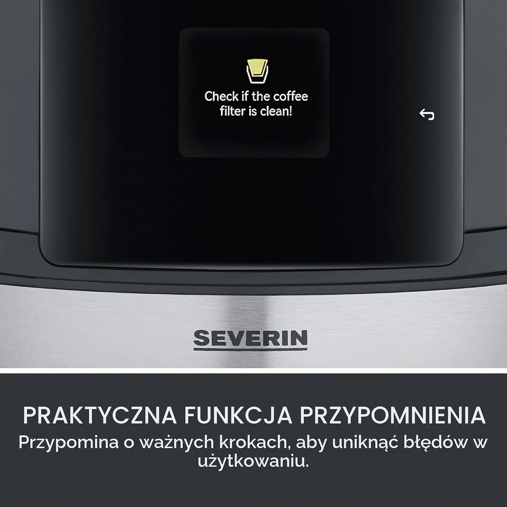SEVERIN FILKA, w pełni automatyczny ekspres do kawy przelewowej, ekspres 5 w 1 z wyświetlaczem LED, młynkiem, dzbankiem szklanym, czarny matowy/stal nierdzewna, KA 9694