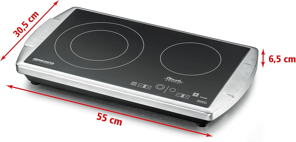 ROMMELSBACHER Doppelkochplatte CT 3403/TC – Made in Germany, SCHOTT CERAN®Kochfläche, 2 Kochzonen, energiesparend, kurze Aufheizzeit, 9 Leistungsstufen, Touch Control, Überhitzungsschutz, Edelstahl