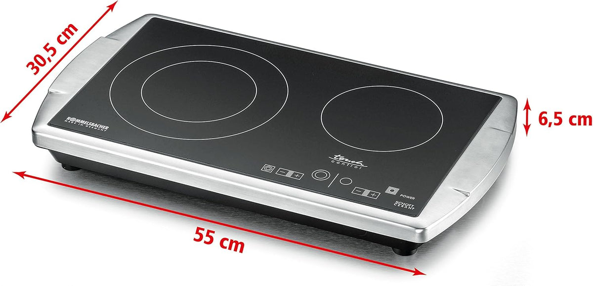 ROMMELSBACHER Doppelkochplatte CT 3403/TC – Made in Germany, SCHOTT CERAN®Kochfläche, 2 Kochzonen, energiesparend, kurze Aufheizzeit, 9 Leistungsstufen, Touch Control, Überhitzungsschutz, Edelstahl