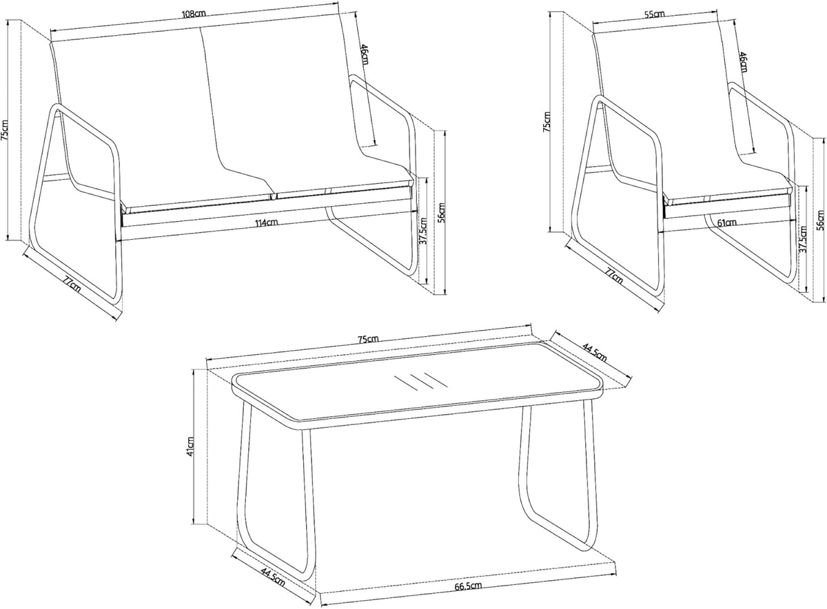 casa.pro Set de muebles de jardín Anzi 4 piezas. Conjunto de asientos para exteriores negro, juego de muebles de balcón compuesto por 1 mesa, 1 banco, 2 sillas, conjunto de muebles de salón para terraza, resistente a la intemperie